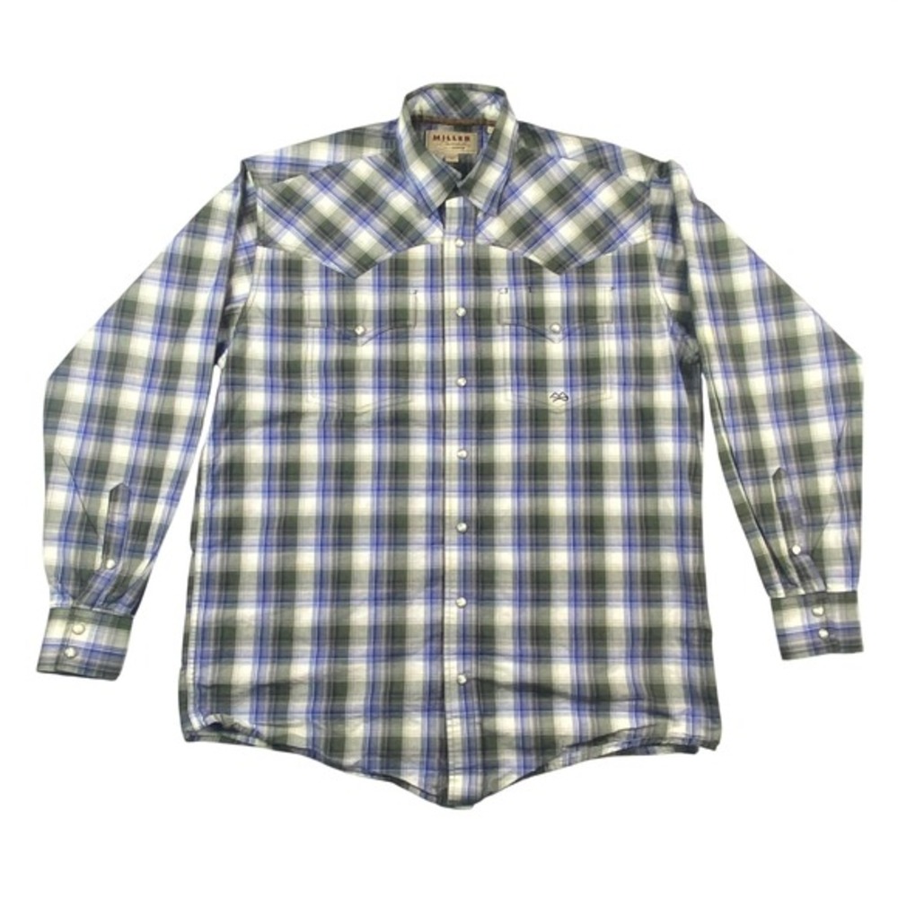 Miller Ranch Cinch Mens Medium Blue Plaid Western Pearl Snap‎ Shirt Rodeo Cowboy